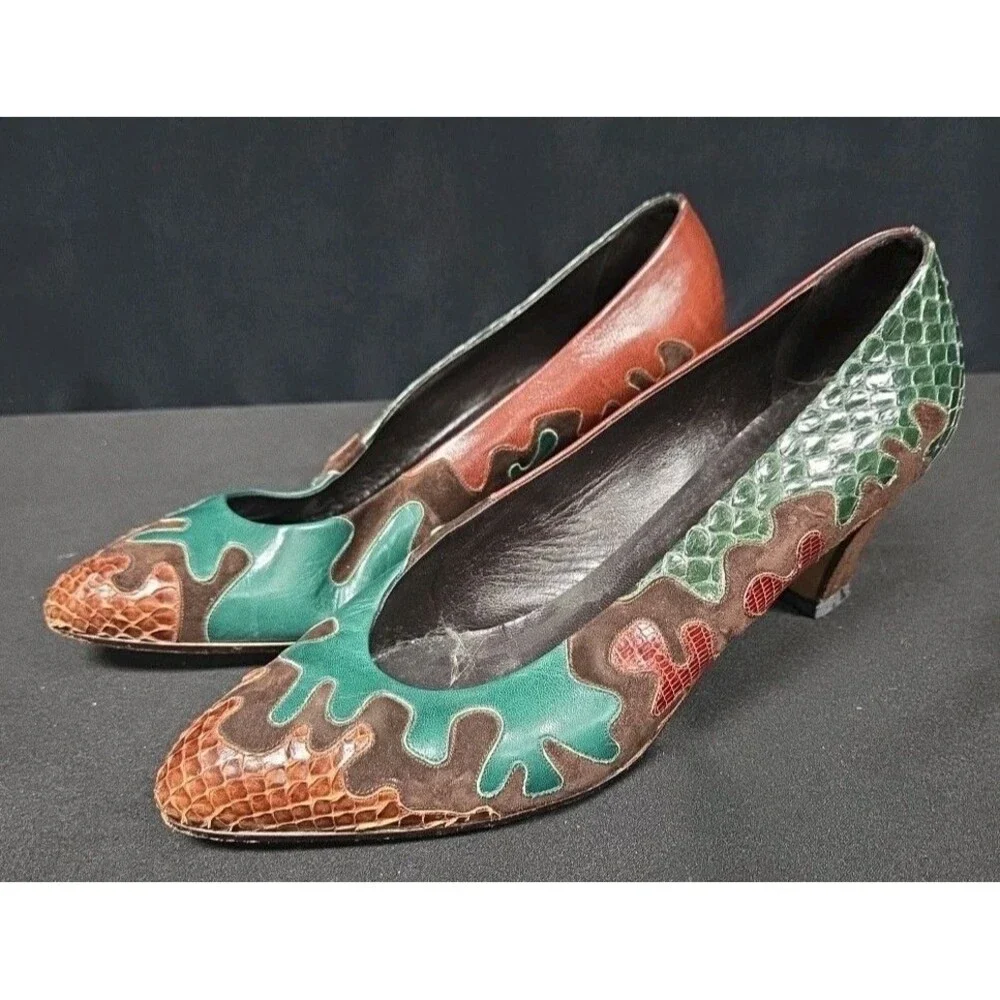 Andrea Pfister Neiman Marcus Italy Vintage Multicolor Leather Heels Shoes Size 8